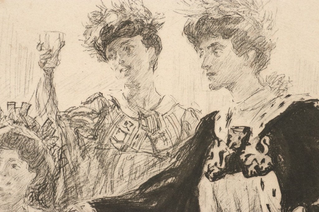 Prent hofdames aan een feestmaal, diepdruk ca. 1900–1910, Eau-forte, Enlèvement, Vie quotidienne, Original