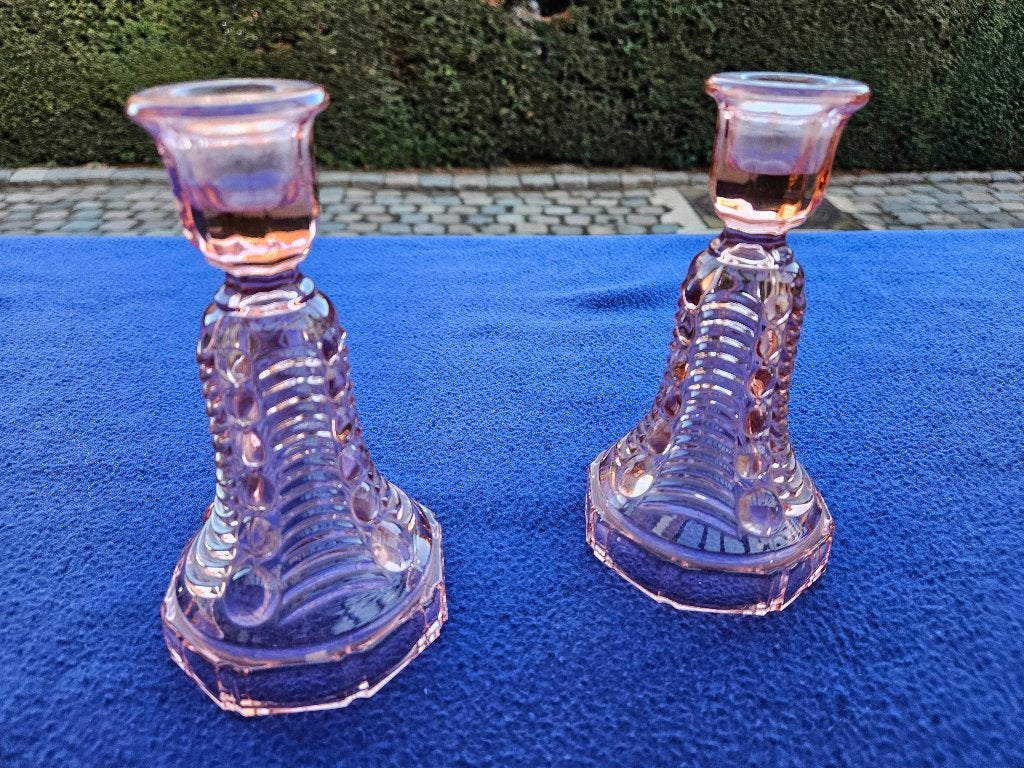 Charmant Paar Vintage Roze Glazen Kandelaars, Ophalen, Roze, Kandelaar, Glas