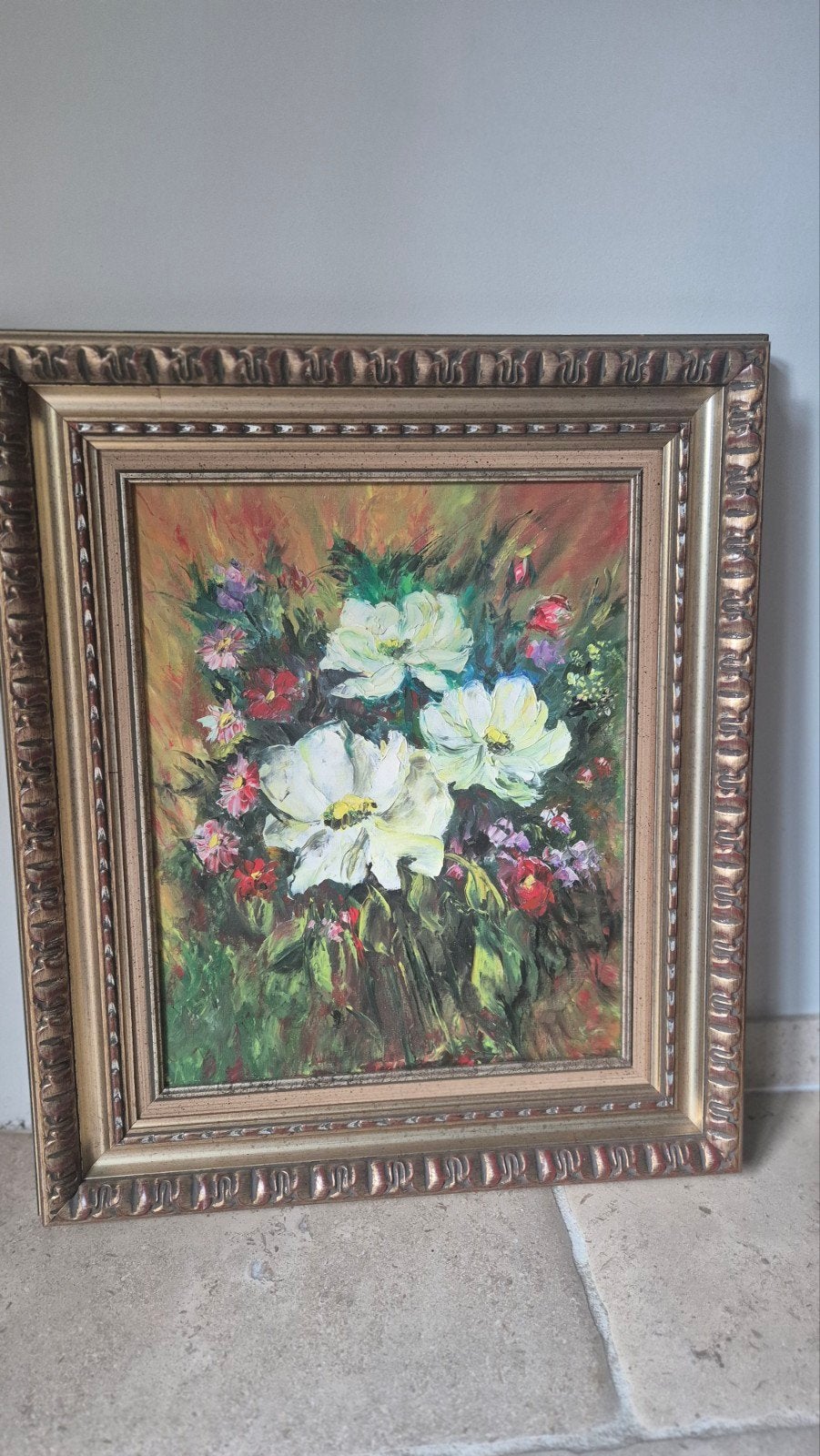 peinture florale encadrée 60x70 cm, Enlèvement, Cadre spécial, Fleurs, Toile