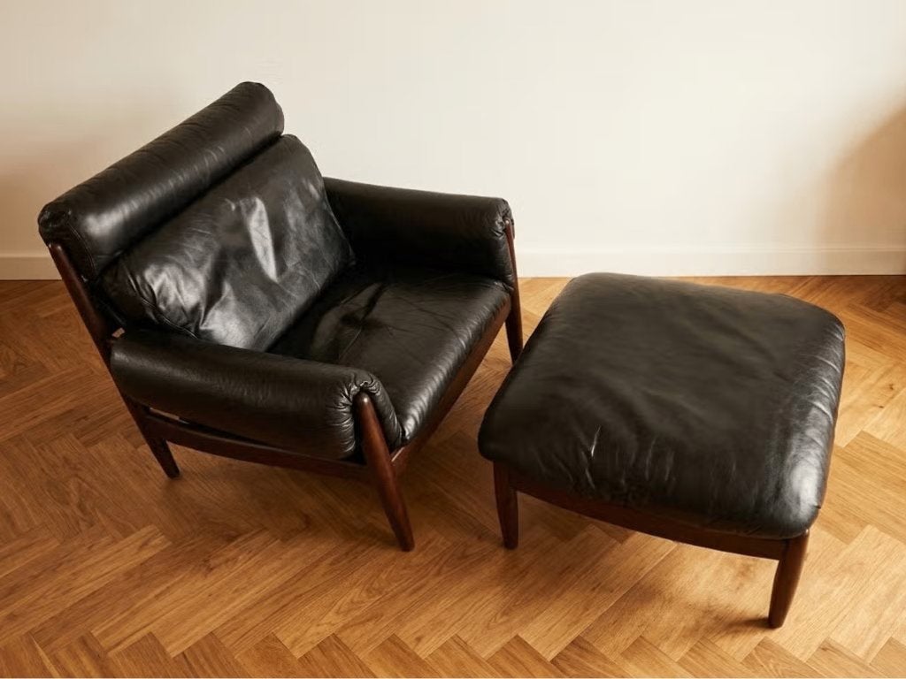 Vintage zwart lederen lounge chair, Durlet, Belgium, 70s, Ophalen