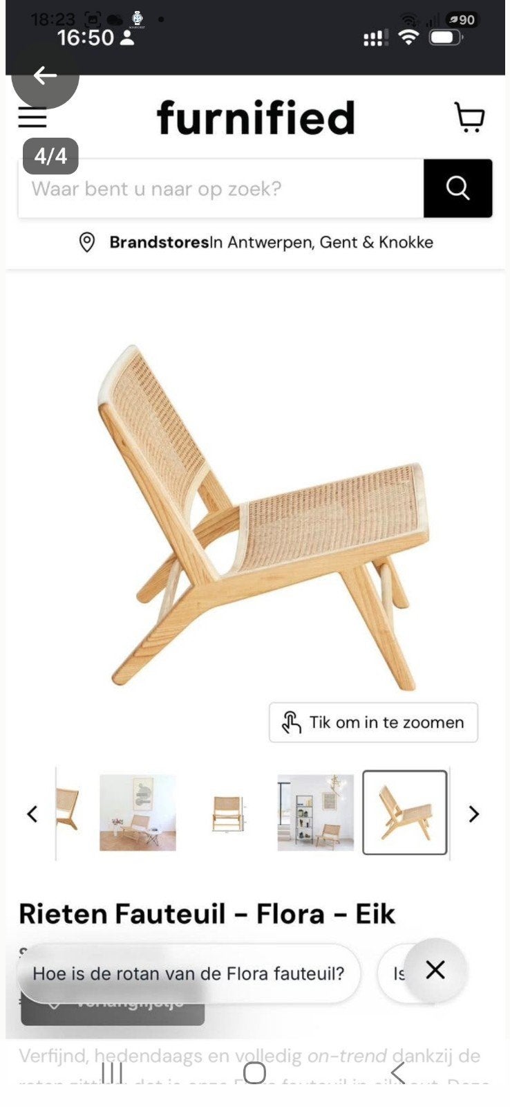 Rieten fauteuil,merk Furnified,eik,ALS NIEUW, Ophalen, Bruin, Zo goed als nieuw, ECHT DESIGN
