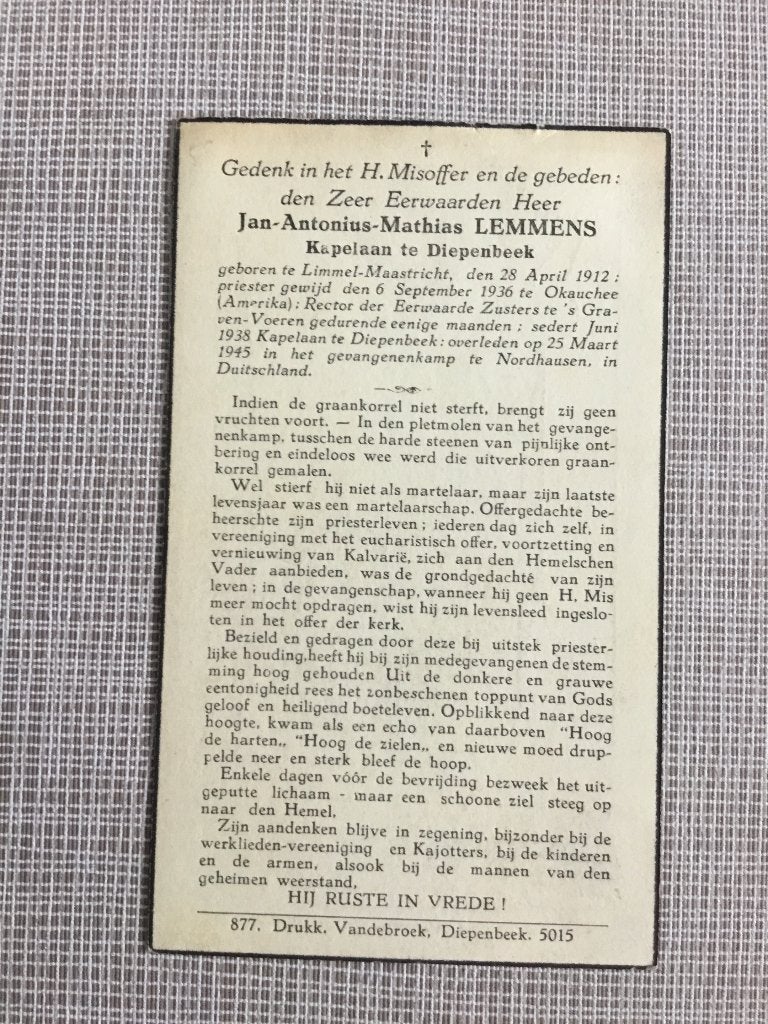 Oorlogsslachtoffer E.H.Lemmens Maastricht + Duitsland 1945, Ophalen of Verzenden, Bidprentje