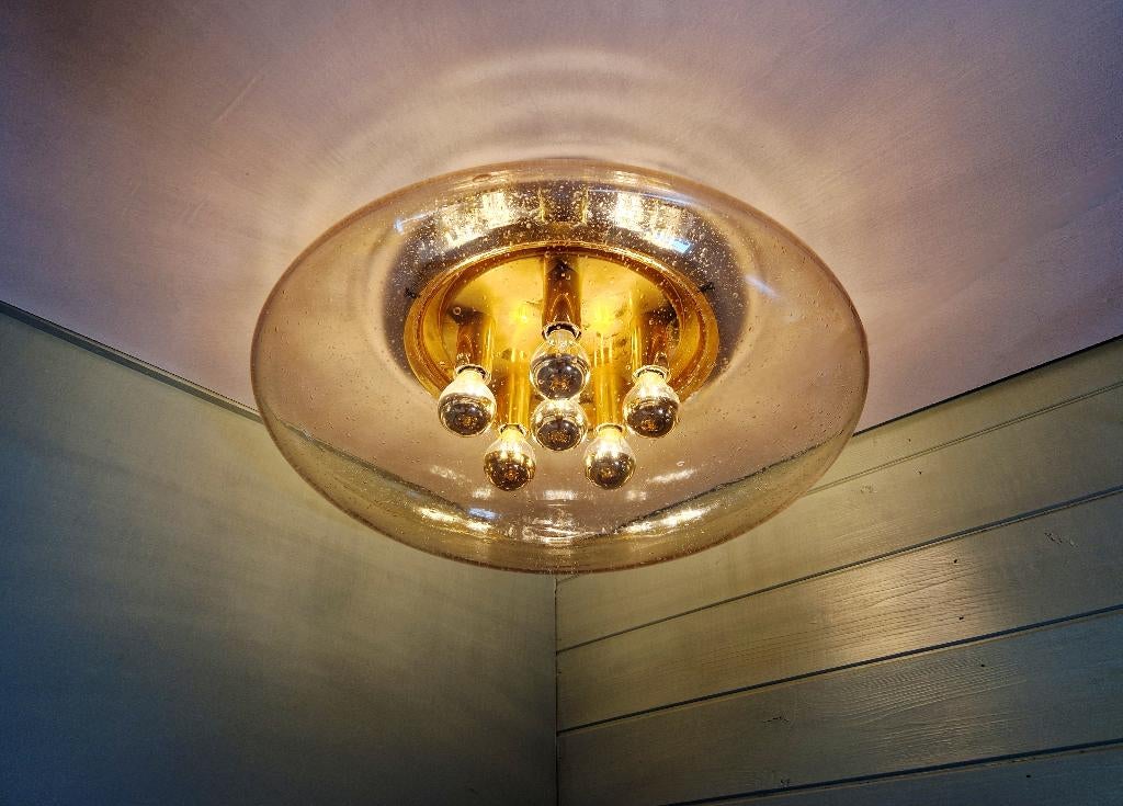 Grote plafondlamp in messing en bubbelglas,Glashütte Limburg, Antiek en Kunst, Ophalen of Verzenden