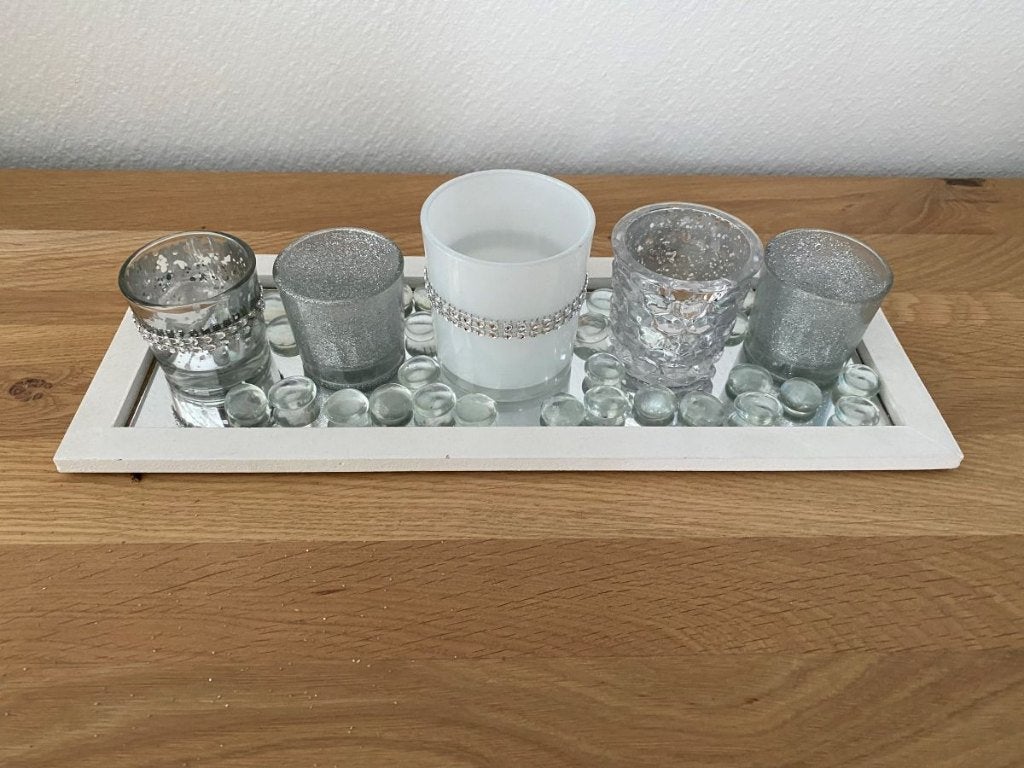 'Glam' decoratieset: spiegeldienblad én 5 waxinelichthouders, Ophalen, Gebruikt, Waxinelichthouder, Glas