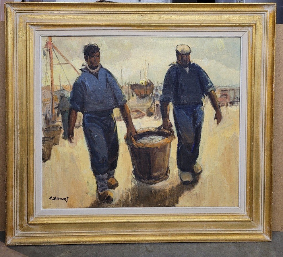 Lucien DESMARÉ, met de vangst aan wal, Antiek en Kunst, Ophalen of Verzenden, Gesigneerd, Olieverf, Doek