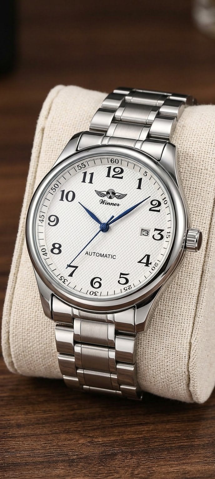 Montre homme automatique Winner — Cadran blanc guilloché — É, Envoi, Neuf, Bleu