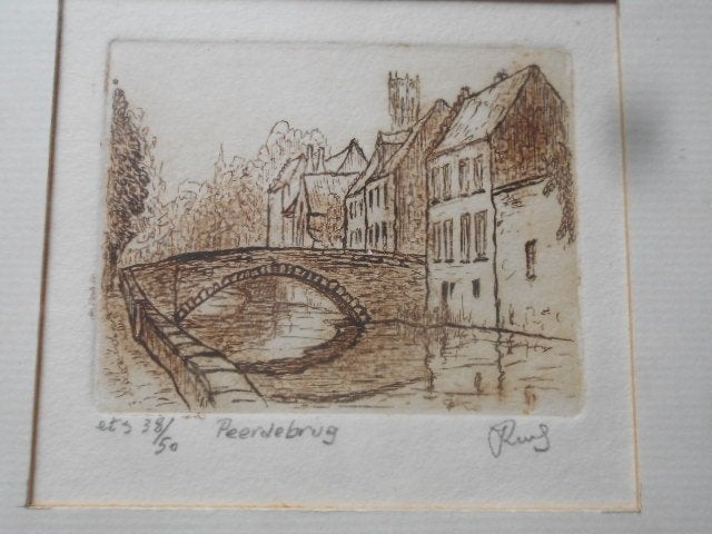 anton pieck, antieke kader, brugge ets enz, Ophalen of Verzenden, Landschap, Ets, Gesigneerd