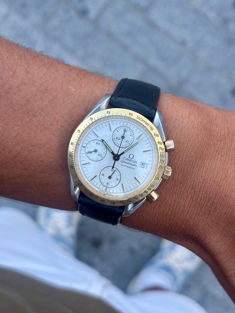 Omega Speedmaster 1750043, Handtassen en Accessoires, Horloges | Heren, Zo goed als nieuw, Polshorloge, Omega, Goud, Leer, Ophalen