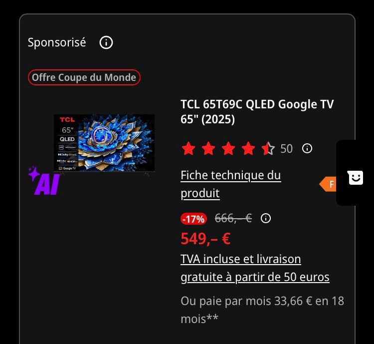 BIJNA NIEUW TCL 65T69C QLED Google TV 65, Audio, Tv en Foto, Televisies, QLED, 50 Hz, Zo goed als nieuw, 100 cm of meer
