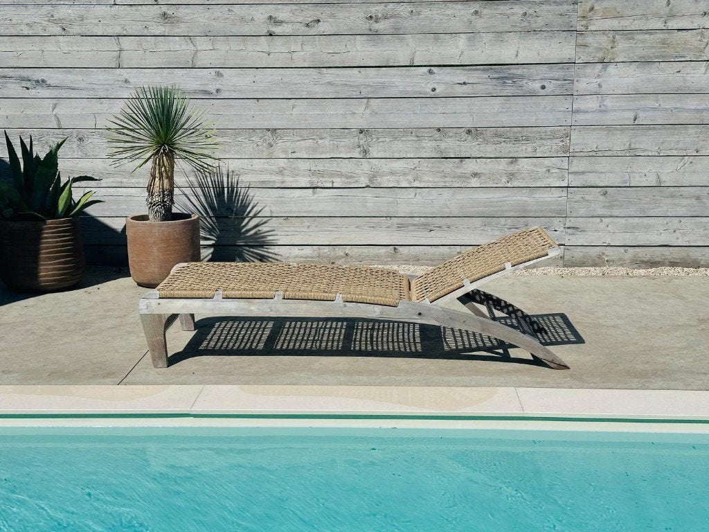 Set van 2 luxe ligstoelen - Teak & VIRO rattan, Tuin en Terras, Ophalen, Zo goed als nieuw, Teakhout, Verstelbaar