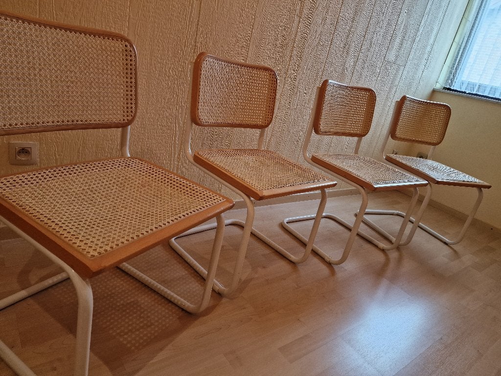 4 stoelen (Thonet ontwerp van Marcel Breuer), Huis en Inrichting, Stoelen, Gebruikt, Vier, Hout, Metaal, Riet of Rotan, Wit, Ophalen