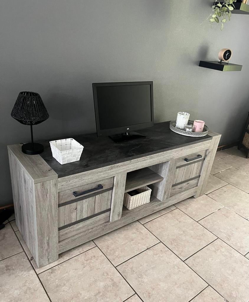 Meuble tv salon deco bois gris beige armoire, Enlèvement
