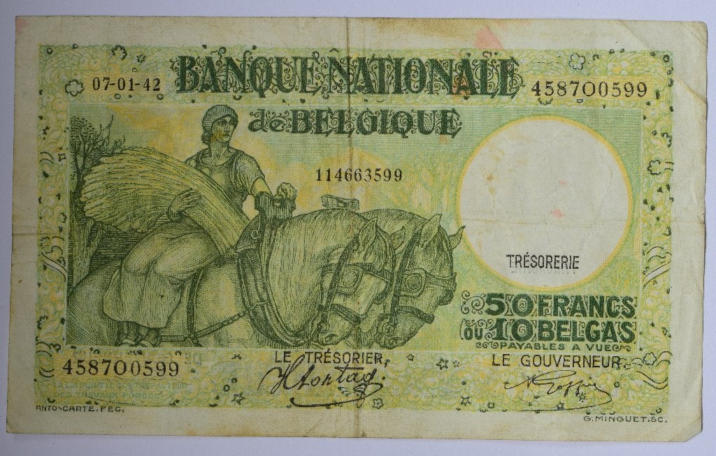 billet 50 francs 07-01-42 Belgique, Timbres & Monnaies, Billets de banque | Belgique, Envoi, Billets en vrac