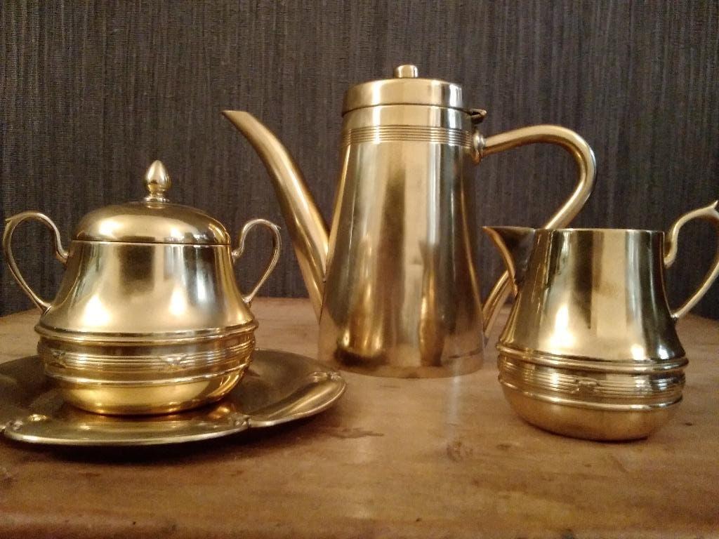 Service à café en laiton et cuivre, Antiquités & Art, Antiquités | Bronze & Cuivre, Cuivre, Envoi