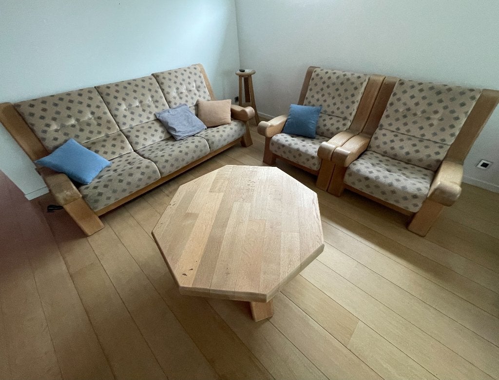 Massief eiken salon Zetels+Tafel+tafelkruk, Ophalen, Gebruikt, Stof