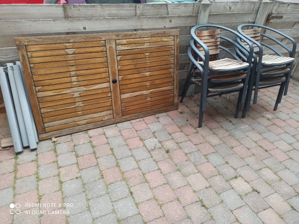 Tuintafel + stoelen, Ophalen, Gebruikt, Rechthoekig, Hout