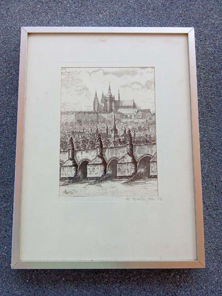Ets Praagse Burcht en de Karelsbrug in Praag, Antiquités & Art, Art | Eaux-fortes & Gravures, Enlèvement ou Envoi, Vue urbaine