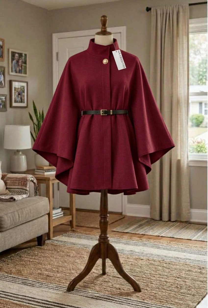 Elegante bordeauxrode cape met zwarte riem en opstaand kraag, Enlèvement ou Envoi, Neuf