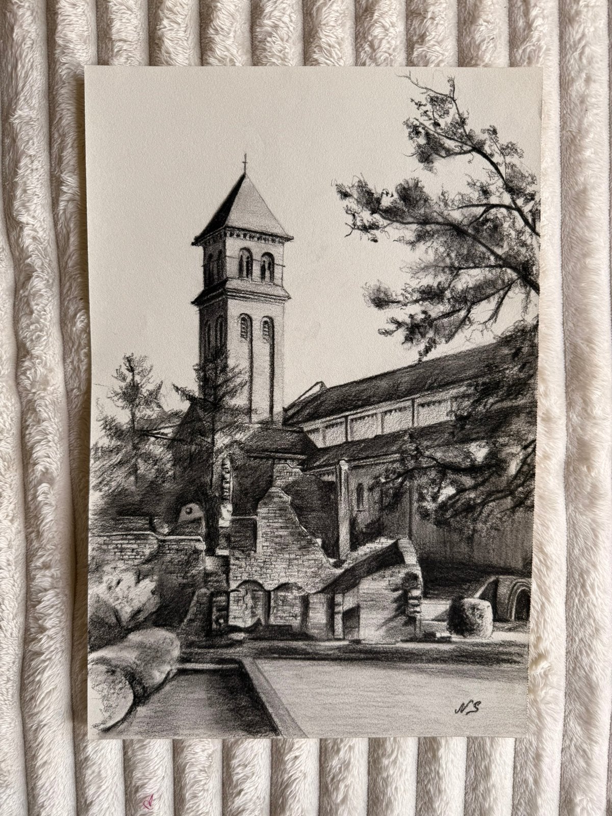 Dessin original au fusain — Abbaye d’Orval — 28 x 42 cm, Antiek en Kunst, Kunst | Tekeningen en Fotografie, Ophalen