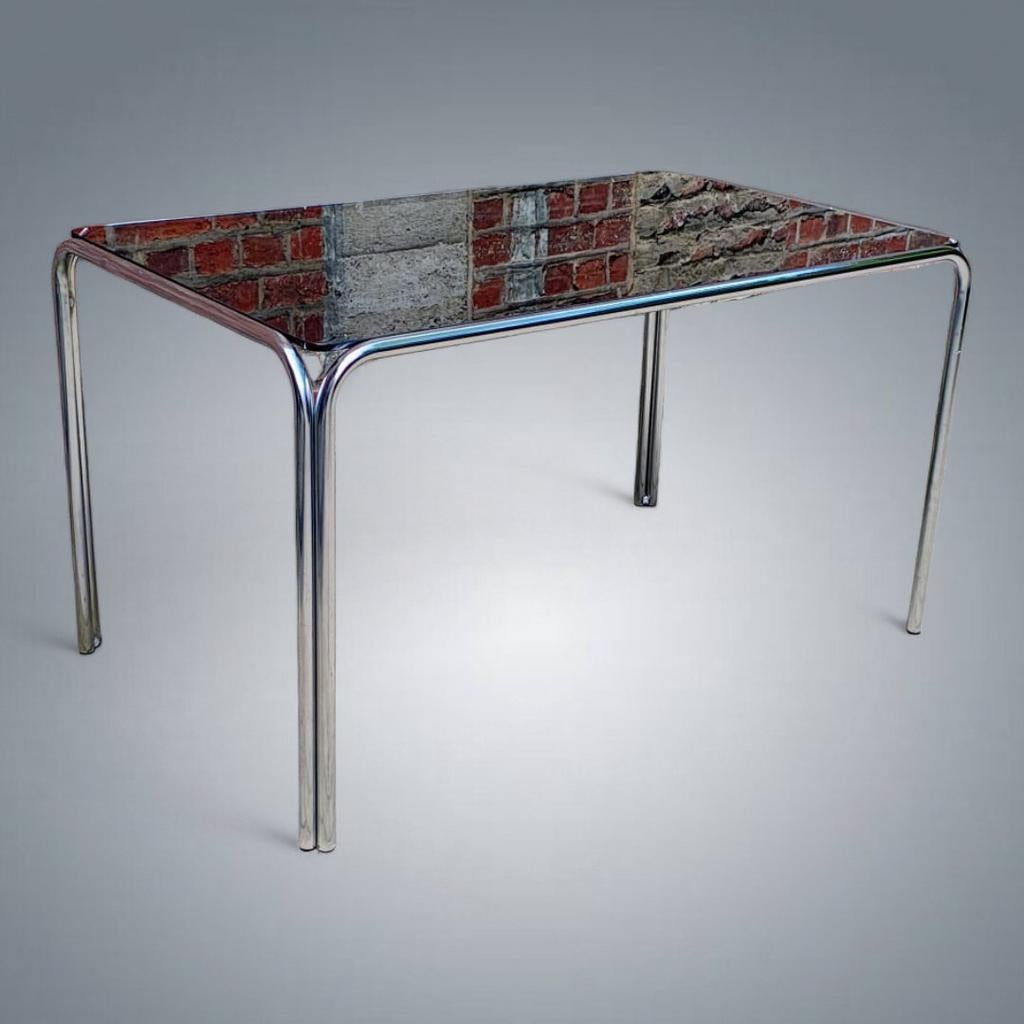 Table à repas Vintage verre fumé, chrome 1970's, Enlèvement