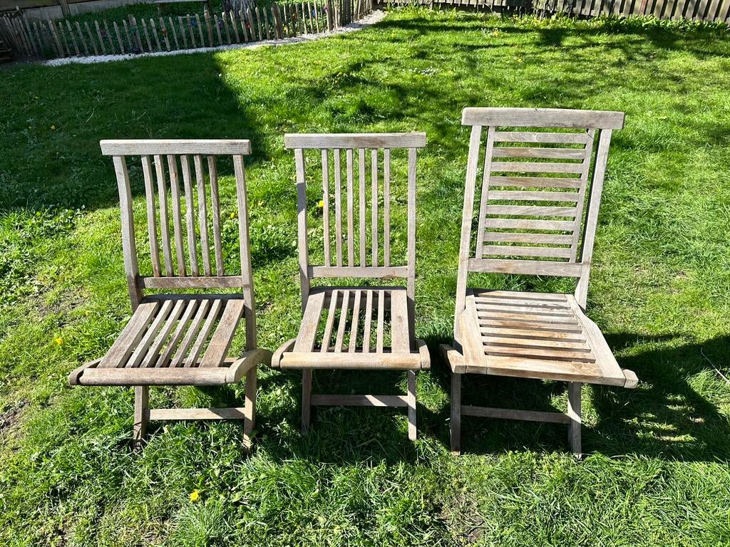 3 teak klapstoelen, Tuin en Terras, Ligbedden, Ophalen, Gebruikt