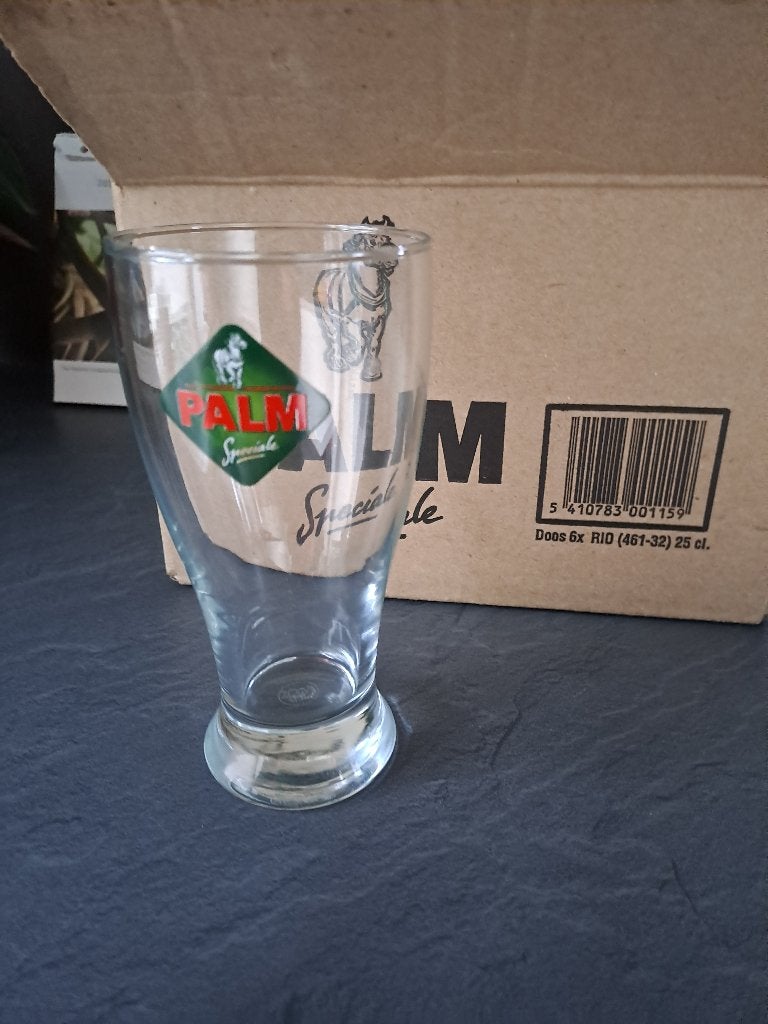 Set rechte palmglazen 25 cl met originele doos, Collections, Verres & Petits Verres, Enlèvement, Comme neuf, Verre à bière