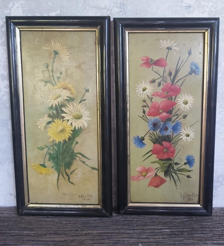 2 leuke vintage franse bloemen schilderijtjes op plaat 1950, Ophalen of Verzenden