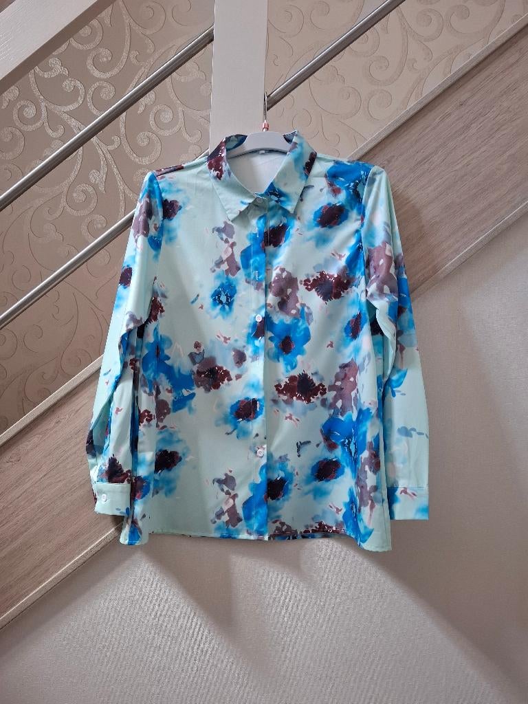 Blouse maat XL ,blauw gevlekt, Ophalen of Verzenden, Maat 46/48 (XL) of groter, Blauw