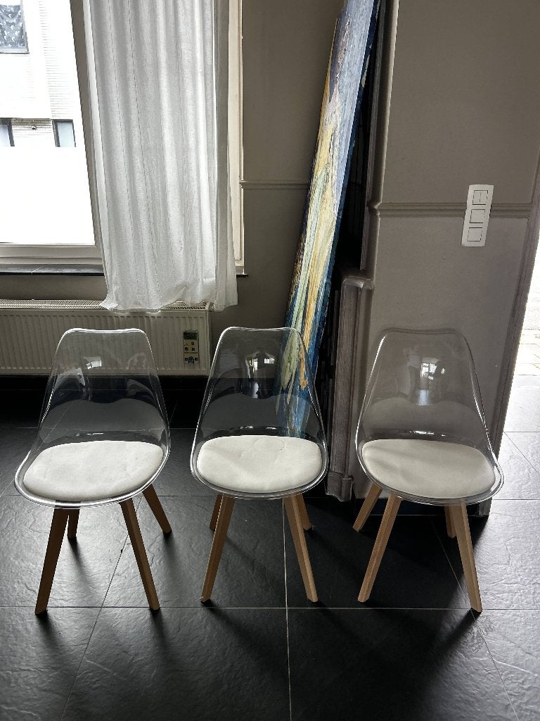 Transparante design stoelen met kussen – houten poten (set), Ophalen, Wit