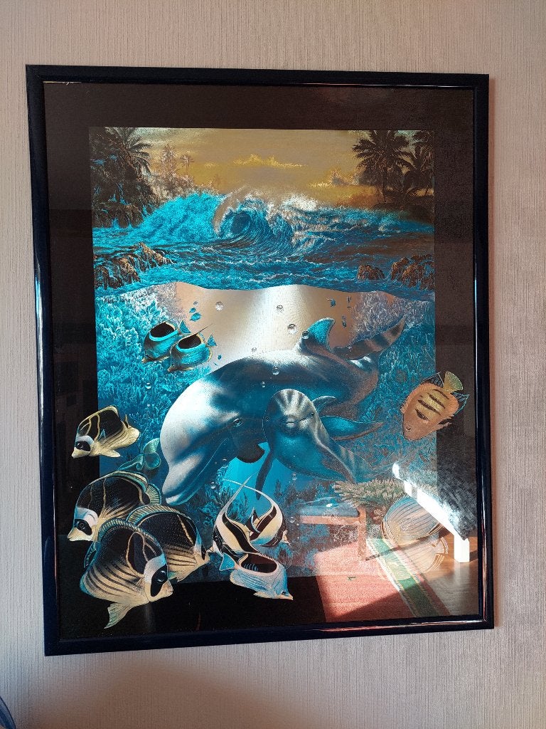 cadre 64x80 cm avec verre, poisson et dauphin fluo, 80 cm, Multicolore, Sous verre, Enlèvement