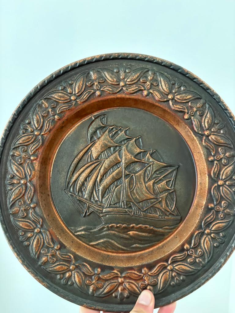 Vintage Koperen Wandbord - Reliëf Zeilschip - Maritiem, Antiek en Kunst, Antiek | Brons en Koper, Ophalen of Verzenden