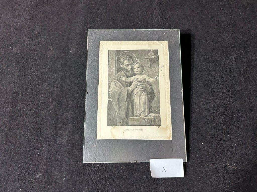 Antieke Print St. Joseph en Kind met Passe-Partout, Ophalen