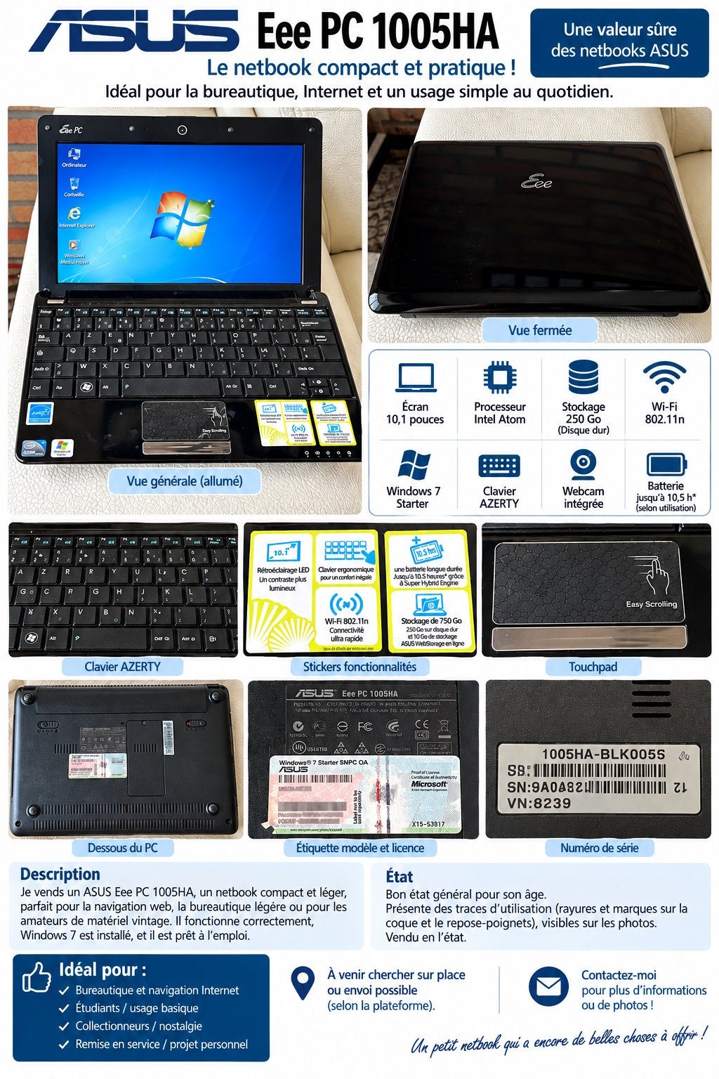 Ancien ASUS Eee Netbook 1005HA 10,1” Windows 7 bon état, Informatique & Logiciels, Enlèvement ou Envoi, Comme neuf, Azerty