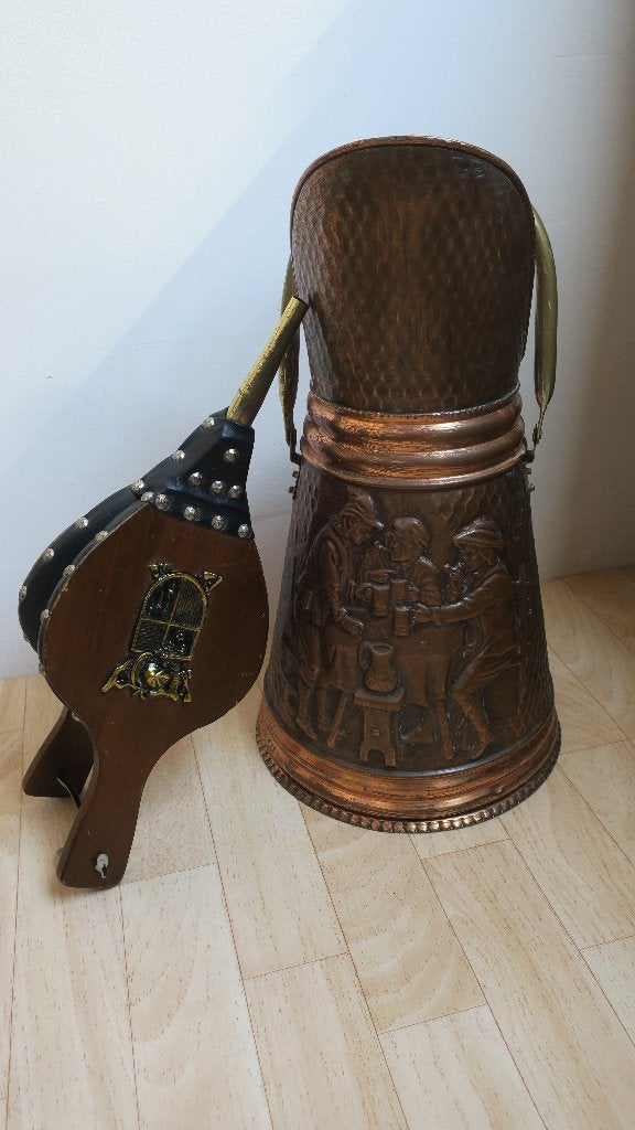 Vintage koperen paraplubak/kolenbak en blaasbalg, Ophalen, Koper