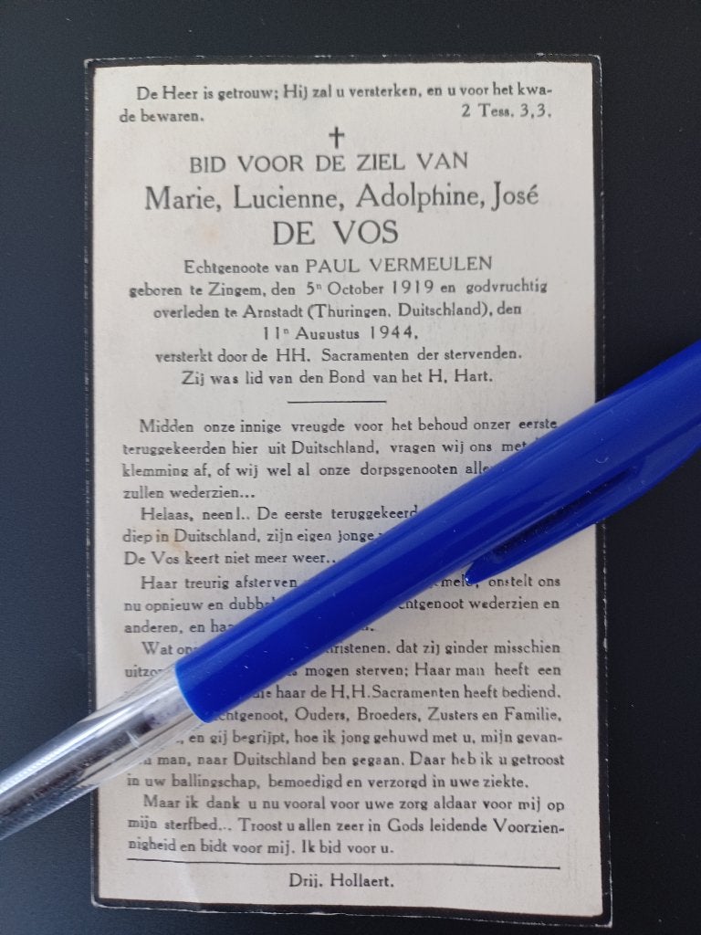 oorlogsslachtoffer WO II  DE VOS Marie, Lucienne Zingem, Ophalen of Verzenden, Bidprentje