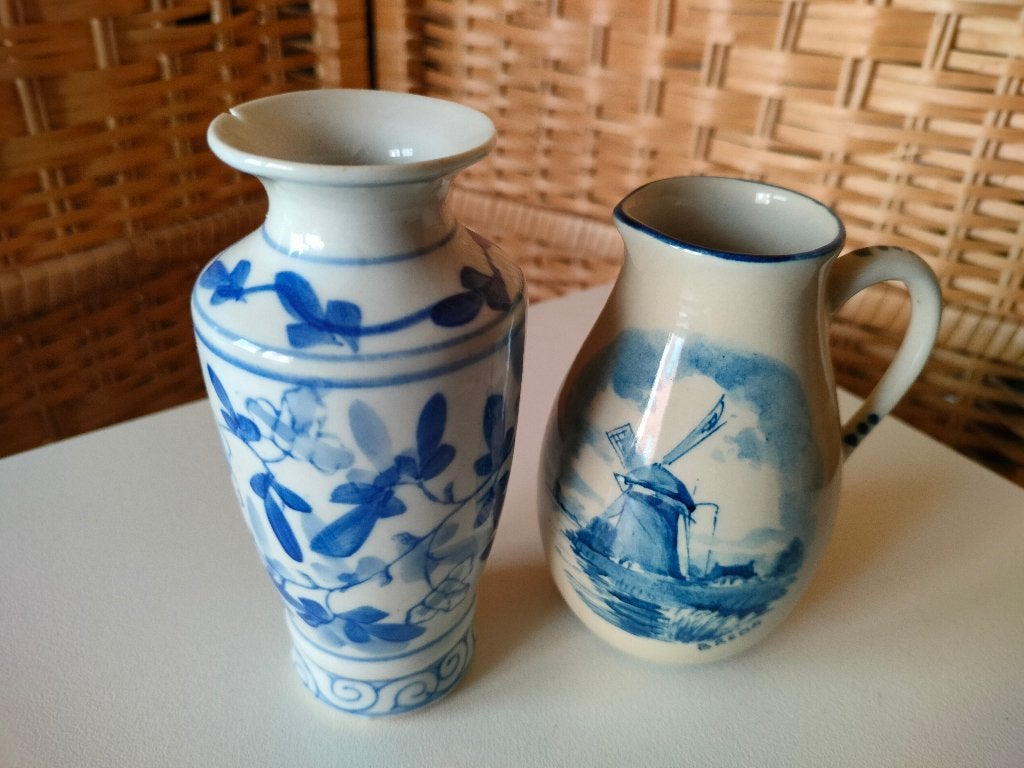 vaas kruik kan blauw beige porcelein antiek goede staat, Ophalen of Verzenden