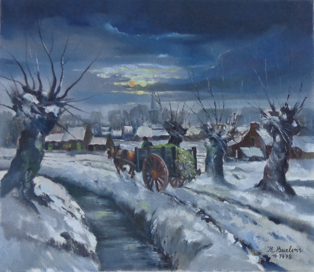 RAYMOND BUELENS / WINTERLANDSCHAP / OLIEVERF DOEK / 70x80cm, Antiek en Kunst, Ophalen, Doek, Expressionistisch, Landschap