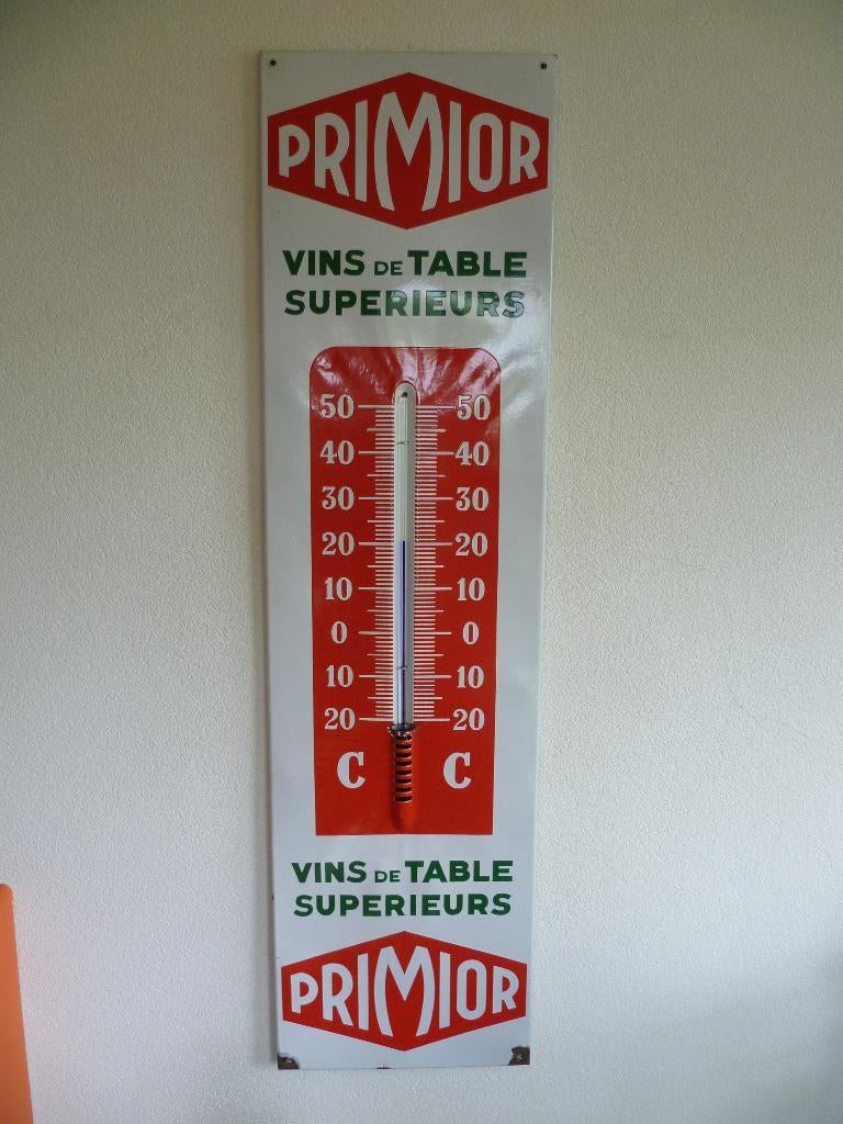 THERMOMÈTRE EN ÉMAIL« PRIMIOR VINS DE TABLE » ANNÉES 1950/60, Collections, Marques & Objets publicitaires, Utilisé, Panneau publicitaire