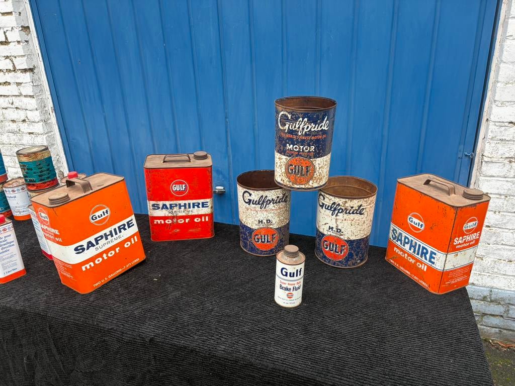 Bidons d’huile gulf , texaco , caltex , esso , elektrion, .., Collections, Marques & Objets publicitaires, Enlèvement, Utilisé