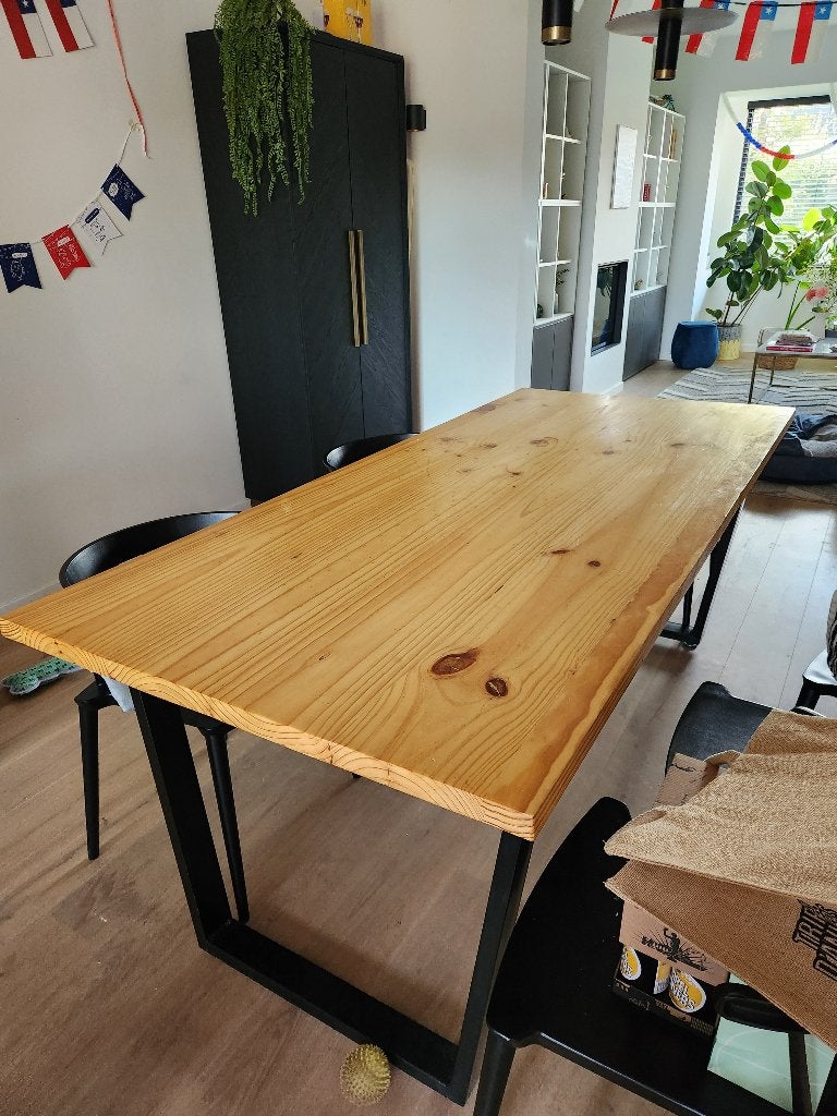 Grote houten tafel met metalen onderstel – 90 x 200 cm, Huis en Inrichting, Ophalen, Gebruikt, 200 cm of meer, 50 tot 100 cm