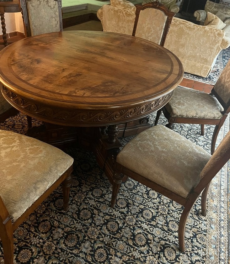 Uitschuifbare eettafel (tot +- 6 meter) + 6 stoelen, Antiek en Kunst, Ophalen