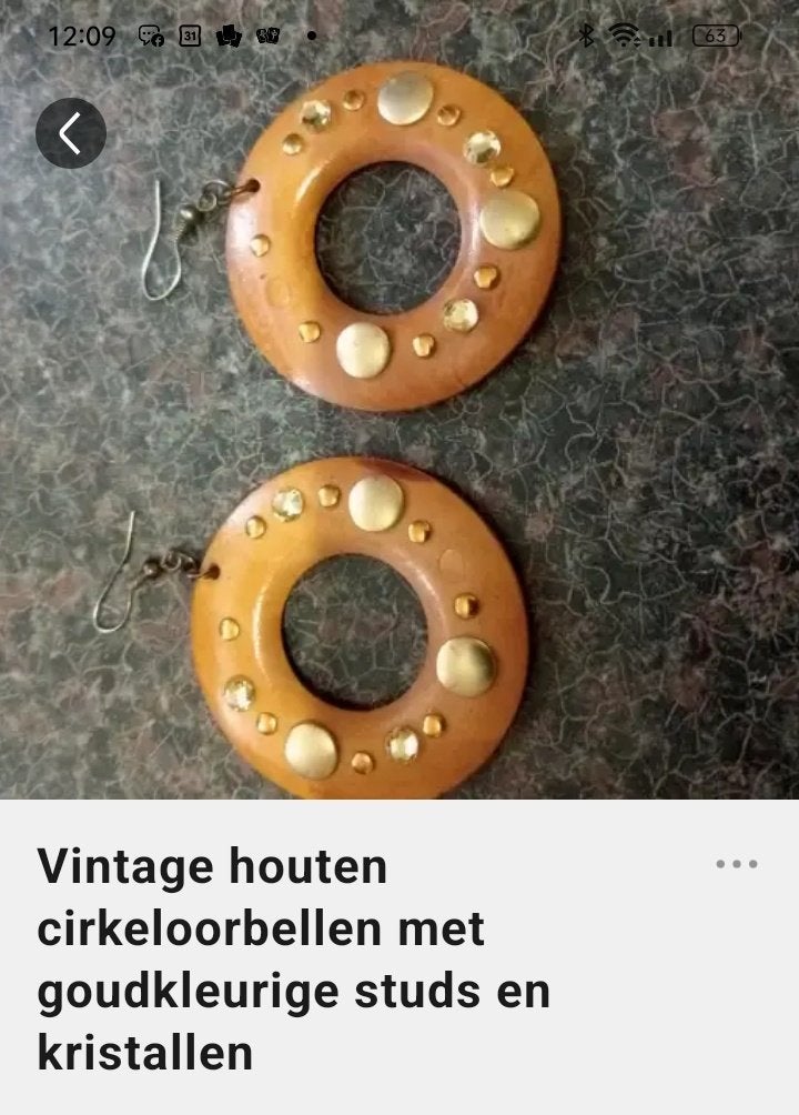houten oorbellen met goudkleurige studs en kristallen, Bijoux, Sacs & Beauté, Boucles d'oreilles, Enlèvement ou Envoi, Autres matériaux