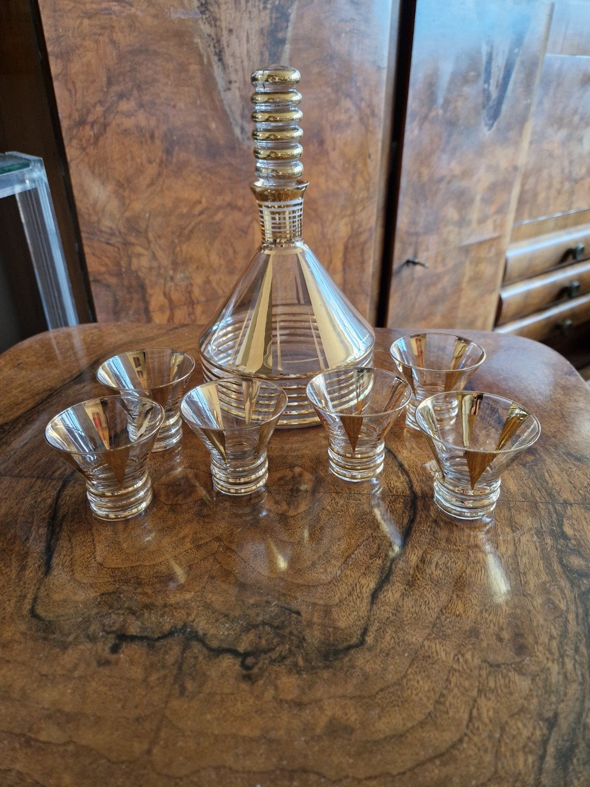 ensemble carafe doré et 6 verres Années 50, Antiquités & Art, Enlèvement ou Envoi