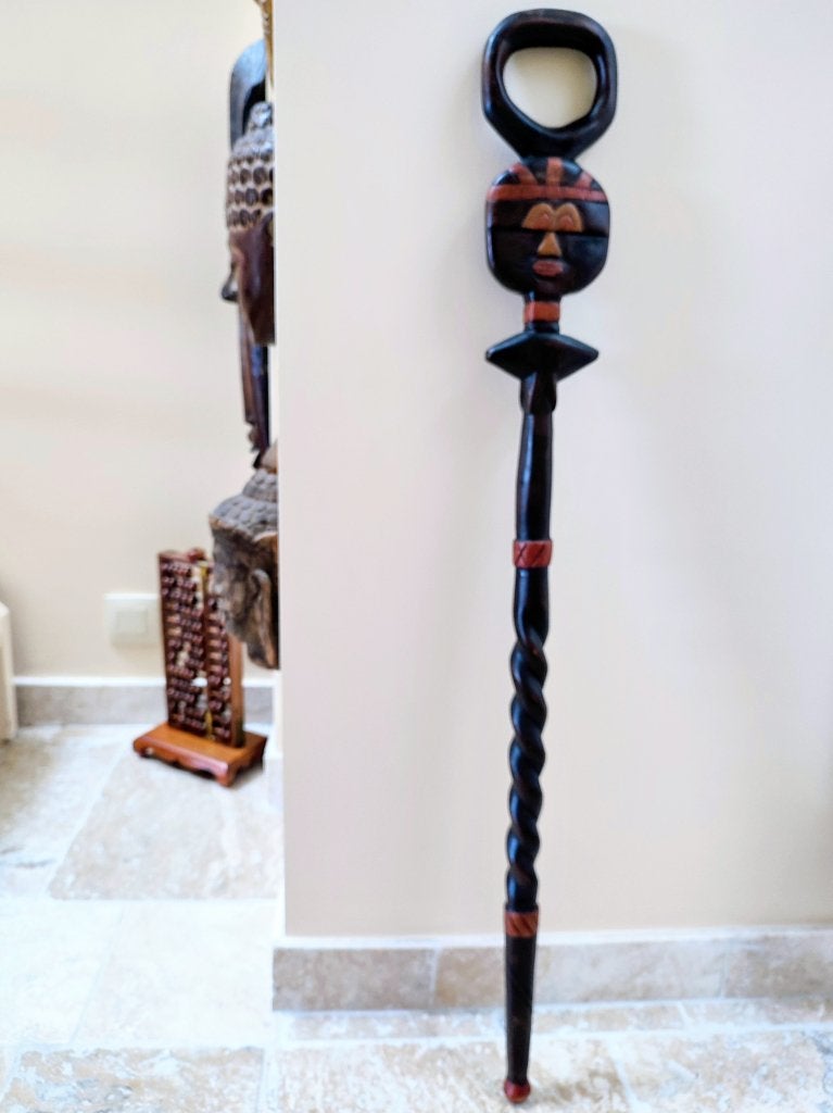 Kenya superbe canne d'apparat faite à la main. H. 90 cm, Antiquités & Art, Art | Art non-occidental, Afrique, Bois, 50 cm, Sculpté