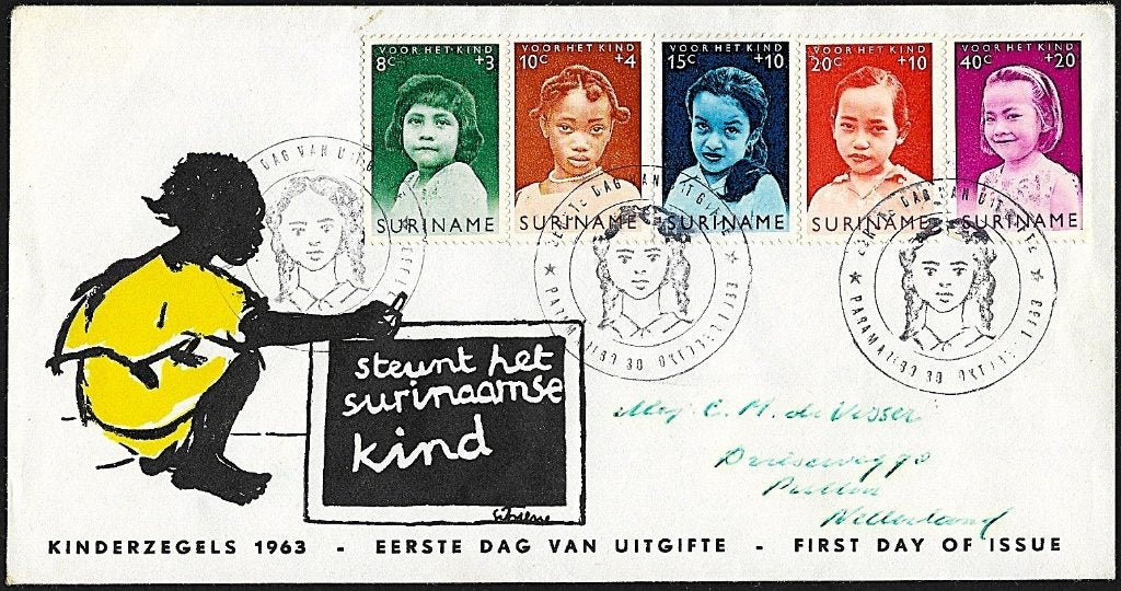 1963 - SURINAME - FDC Enfants [NVPH E27 [398/402]], Timbres & Monnaies, Timbres | Surinam, Envoi, Affranchi
