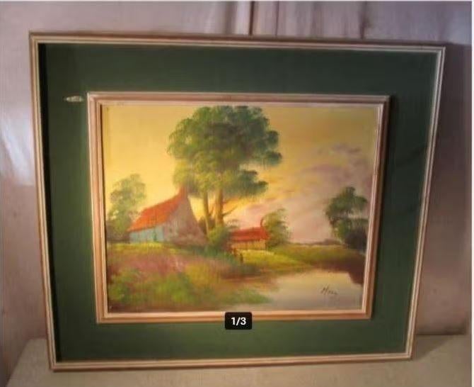 Mooi Geschilderd Werk 'Huisje met vijver' - gesigneerd, Ophalen of Verzenden