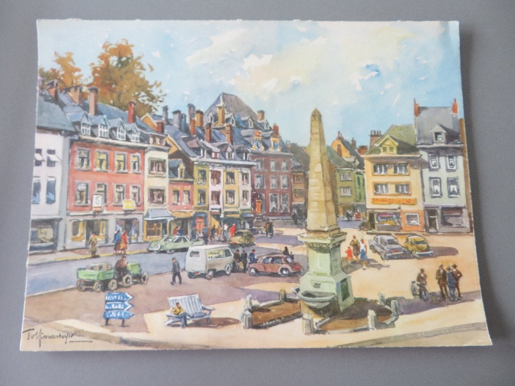 Oude Zwitserse print Place Albert Malmedy J. v Nieuwenhuyse, Enlèvement ou Envoi, Comme neuf, Autres sujets/thèmes, Gravure