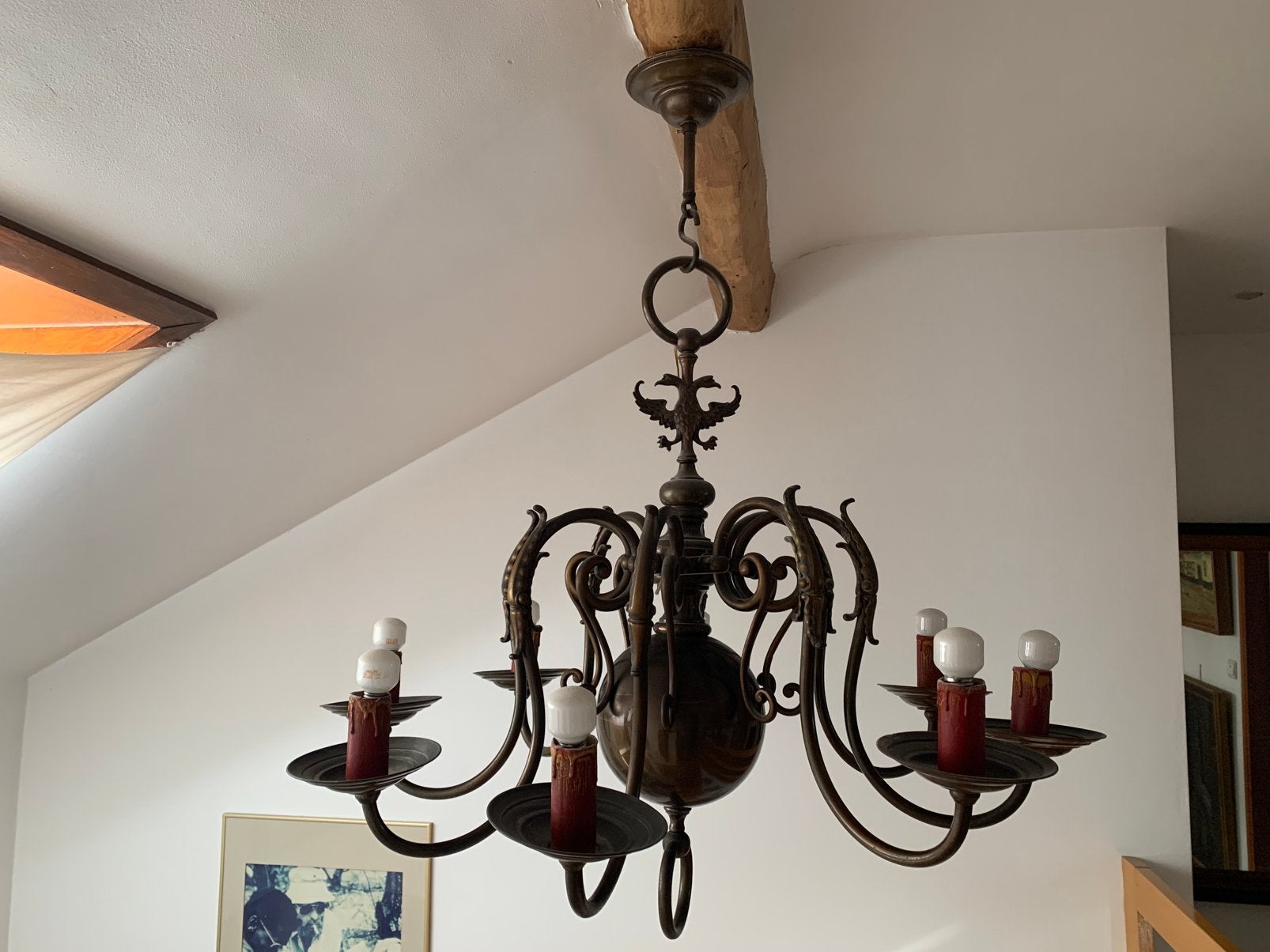 Authentieke smeedijzeren kasteelluster/6 armen ca. 1880–1930, Huis en Inrichting, Lampen | Kroonluchters, Ophalen, Zo goed als nieuw