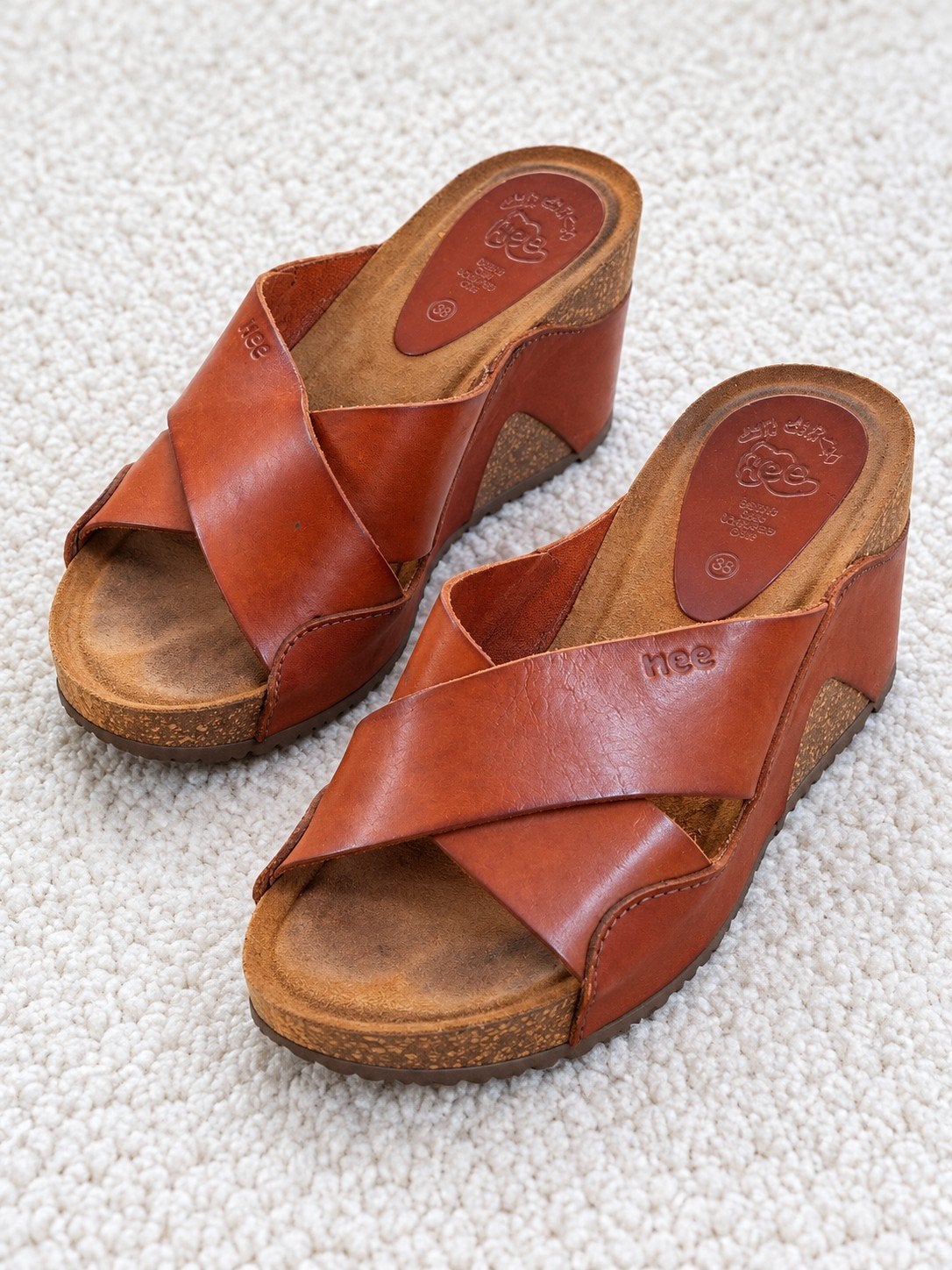 HEE Cognac Lederen Muiltjes / Slippers met Sleehak - Maat 3, HEE, Enlèvement ou Envoi, Comme neuf, Brun