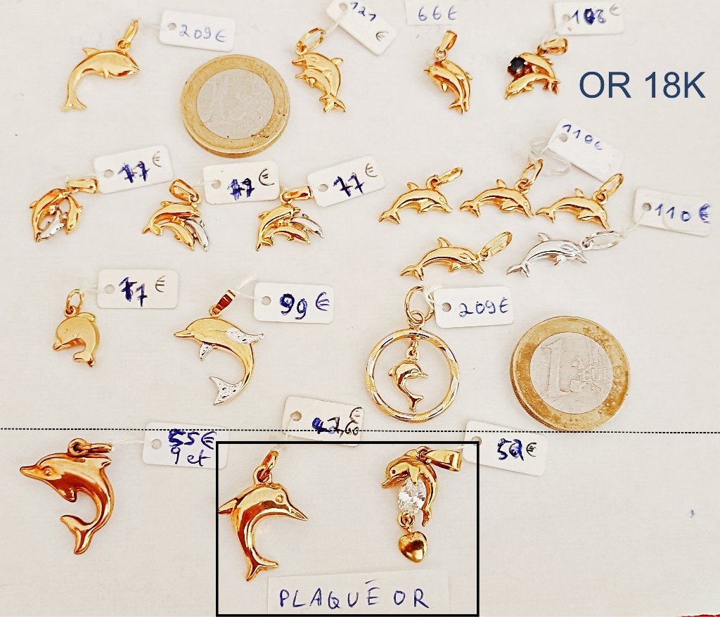 Pendentif de dauphin(s) en or 18K (ou 9K ou plaqué or) NEUF, Enlèvement ou Envoi, Or, Or, Animal